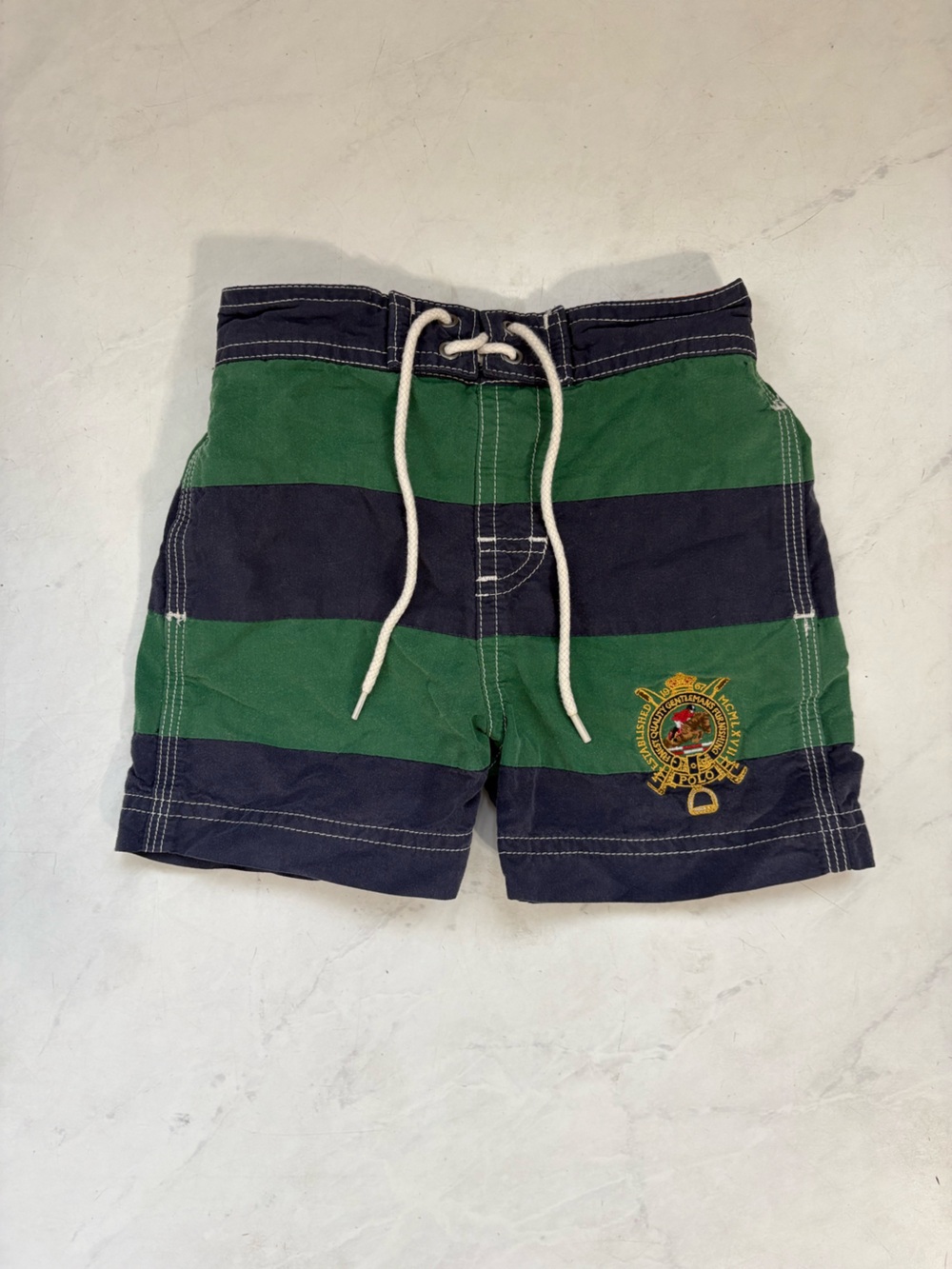 Vintage POLO Ralph Lauren 9M Infant Blue Green Striped Embroidered Swim Trunks